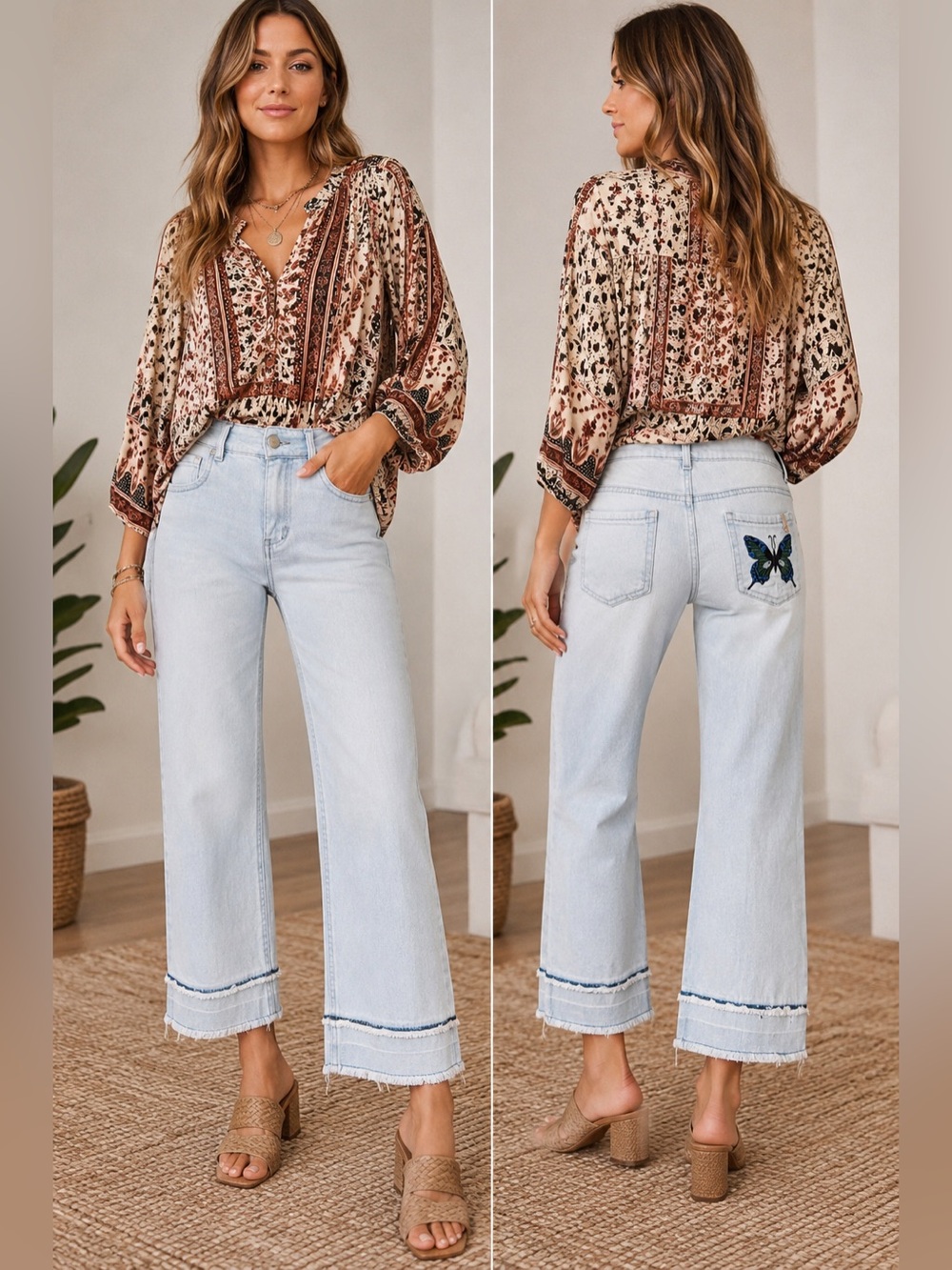Atelier Light Wash Butterfly Embroidered Denim